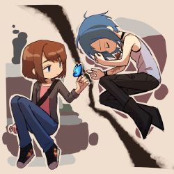2girls black_pants blue_eyes blue_hair brown_hair bug butterfly butterfly_on_hand chloe_price choker closed_eyes female_focus freckles highres insect jewelry life_is_strange_(series) life_is_strange_1 lying max_caulfield multiple_girls necklace nokonoko_(a0dddd) on_side pants pink_shirt shirt tank_top tattoo