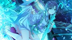 1girl absurdres asakura_toru blue_umbrella chair crane_game green_nails highres idolmaster idolmaster_shiny_colors jewelry necklace official_art open_mouth sandals squatting umbrella water wet