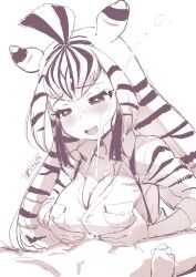 1boy 1girl absurdres after_paizuri animal_ears animal_print black_hair blush breasts breasts_squeezed_together captain_(kemono_friends) chapman&#039;s_zebra_(kemono_friends) cum cum_on_body cum_on_breasts cum_on_upper_body cum_string ejaculation extra_ears facial hetero highres kemono_friends kemono_friends_3 large_breasts long_hair long_sleeves masuyama_ryou multicolored_hair open_mouth paizuri shirt smile striped_hair two-tone_hair white_hair zebra_ears zebra_girl zebra_print
