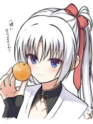 Rule 34 | 1230 mochi, 1girl, absurdres, blue eyes, blush, bow, closed mouth, commentary request, cropped torso, food, fruit, hair between eyes, hair bow, hair ribbon, hand up, highres, holding, holding food, holding fruit, long hair, looking at viewer, mandarin orange, ponytail, portrait, red bow, red ribbon, ribbon, senren banka, simple background, sleeves past wrists, smile, solo, split mouth, straight hair, tomotake yoshino, translation request, white background, white hair
