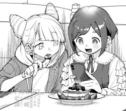 100387l 2girls :d blunt_bangs cellphone collared_shirt cone_hair_bun double_bun food fork frilled_shirt frilled_sleeves frills fruit fukurai_azami greyscale hair_bun hand_up highres holding holding_fork holding_phone hood hood_down hoodie indoors long_sleeves looking_at_another looking_down monochrome multiple_girls open_mouth pancake phone plate shirt short_hair smartphone smile strawberry swept_bangs table taking_picture tomarigi_yasumi toshi_densetsu_kaitai_center upper_body