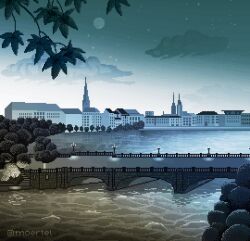 animated animated_gif artist_name blue_sky bridge building car cloud full_moon looping_animation moertel moon motor_vehicle no_humans original outdoors pixel_art scenery shooting_star sky star_(sky) starry_sky water