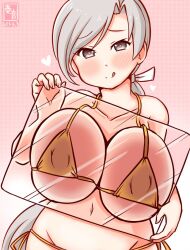 against_glass artist_logo bikini breast_press breasts chitose_(kancolle) cleavage commentary_request covered_erect_nipples dated glass_plate gold_bikini gradient_background grey_eyes grey_hair huge_breasts kanon_(kurogane_knights) kantai_collection large_breasts logo low_ponytail pink_background ponytail side-tie_bikini_bottom swimsuit upper_body