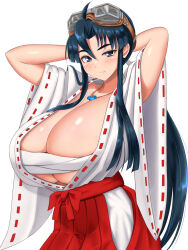 1girl armpit_peek arms_behind_head blue_eyes blue_hair breasts bursting_breasts cleavage goggles goggles_on_head highres huge_breasts japanese_clothes jewelry long_hair long_skirt looking_at_viewer low_ponytail magatama magatama_necklace miko necklace ponytail sarashi seductive_gaze seductive_smile sengoku_ace sengoku_blade skirt smile solo togashi_koyori underboob