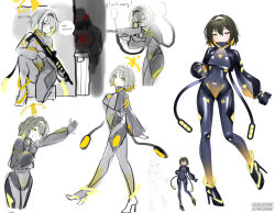 Rule 34 | 1girl, absurdres, black bodysuit, blonde hair, bodysuit, breasts, brown hair, colored inner hair, commission, covered navel, english text, full body, grey bodysuit, gun, hairband, halo, high heels, highres, holding, holding gun, holding weapon, latex, latex bodysuit, maguro27, medium breasts, monster, multicolored bodysuit, multicolored hair, original, pixiv commission, shiny clothes, short hair, skin tight, trigger discipline, two-tone hair, weapon, white background, yellow bodysuit, yellow eyes