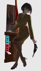 1girl absurdres belt black_hair blood blood_on_clothes blood_on_face bright_pupils desk flag green_jacket green_necktie green_shirt green_skirt gun hairband highres jacket kgb military_dress_uniform military_uniform necktie original pantyhose puto_trash red_hairband shirt skirt skorpion_vz._61 smile solo soviet submachine_gun vladimir_lenin we_love_cold_war weapon white_background white_pupils