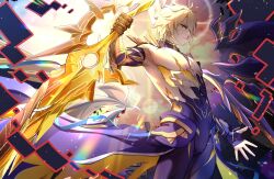 Rule 34 | 1boy, abs, antenna hair, bare pectorals, blonde hair, bodysuit, broken skin, cape, chinese commentary, choker, closed mouth, commentary request, cowboy shot, fingerless gloves, gauntlets, gloves, gold trim, hand up, highres, holding, holding sword, holding weapon, honkai: star rail, honkai (series), jingxinzhiyun, looking to the side, male focus, muscular, muscular male, official alternate costume, pectorals, phainon (honkai: star rail), purple bodysuit, purple cape, purple choker, purple gloves, short hair, solo, standing, sun, sun symbol, sunlight, sword, torn bodysuit, torn clothes, two-sided cape, two-sided fabric, v-shaped eyebrows, weapon, yellow cape, yellow eyes