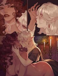 Rule 34 | 2girls, ahageao49, black dress, bracelet, breasts, brown eyes, brown hair, candle, choker, closed eyes, commentary, completely nude, curly hair, dark-skinned female, dark skin, dress, earrings, english commentary, hand on another&#039;s face, highres, indoors, interracial, jewelry, kiss, large breasts, long hair, looking at another, multiple girls, nipples, nude, original, painting (object), parted lips, pointy ears, red nails, vampire, white choker, white hair, yuri