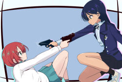2girls aiming amate_yuzuriha aqua_eyes aqua_shirt aqua_skirt black_hair breasts closed_mouth collared_shirt finger_on_trigger gun gundam gundam_gquuuuuux handgun holding holding_gun holding_weapon jacket long_hair long_sleeves looking_at_another multiple_girls nishi_koutarou nyaan_(gundam_gquuuuuux) red_hair school_uniform shirt short_hair skirt sweater weapon yellow_eyes