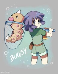1boy :o blue_eyes bugsy_(pokemon) butterfly_net character_name commentary cropped_legs english_commentary from_behind gen_1_pokemon green_shirt green_shorts hand_net highres looking_back nintendo open_mouth pokemon pokemon_hgss pouch purple_hair shirt short_hair shorts tears touyarokii v-shaped_eyebrows weedle