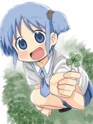 1girl black_shoes blue_eyes blue_hair blue_necktie blue_skirt blush clenched_hand clover cube_hair_ornament four-leaf_clover grass hair_ornament happy highres holding holding_clover looking_at_viewer naganohara_mio naganoharamiomio necktie nichijou sailor_collar sailor_shirt school_uniform shirt shoes short_twintails skirt sparkle summer_uniform tokiwadai_school_uniform twintails white_background white_shirt
