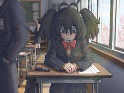 3girls ahoge antenna_hair bags_under_eyes black_hair blazer blush cherry_blossoms classroom desk eyebrows_hidden_by_hair freckles green_eyes iron-chan_(mushita_iron) jacket jimiko looking_down mojyo multiple_girls mushita_iron original school_uniform solo_focus sweatdrop thick_eyebrows wavy_mouth window