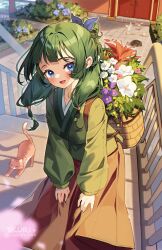1girl :d aoqun backpack_basket blue_bow blue_eyes blurry blurry_background bow brown_hair chinese_clothes commentary day depth_of_field fang flower_basket green_hair green_hanfu hair_bow hair_bun hair_over_shoulder hanfu highres kuri_(animejpholic) kusuriya_no_hitorigoto long_hair long_sleeves looking_at_viewer mao_mao_the_cat maomao_(kusuriya_no_hitorigoto) open_mouth outdoors skin_fang smile solo sweat