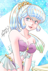 1girl 2024 :d aononmi bare_arms bare_shoulders bikini blue_hair breasts cleavage collarbone dated gradient_hair green_hair grey_eyes highres long_hair medium_breasts multicolored_hair open_mouth oyuki_(urusei_yatsura) ponytail purple_bikini signature smile solo strapless strapless_bikini swimsuit urusei_yatsura very_long_hair
