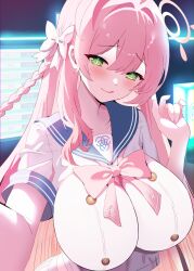 1girl absurdres ahoge aya-cis blue_archive blue_sailor_collar blush bow bowtie braid breasts closed_mouth collarbone commentary green_eyes hair_between_eyes hair_bow halo hanako_(blue_archive) highres huge_breasts licking_lips long_hair looking_at_viewer neon_lights pink_bow pink_bowtie pink_hair pink_halo pink_lips sailor_collar school_uniform serafuku short_sleeves skirt smile solo tongue tongue_out white_bow white_serafuku white_skirt