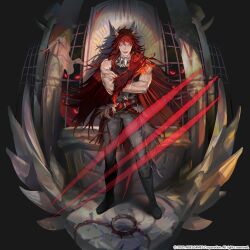 absurdres animal_collar animal_ears animal_hands arrow_(projectile) baylord_yama belt biceps black_boots black_shirt blood blood_on_ground body_fur boots chain claw_mark claws collar collarbone colored_extremities dog_ears fingernails full_body game_cg hand_up hero_cantare highres jewelry lap_pillow leenim long_hair looking_at_viewer muscular necklace official_art red_belt red_eyes red_fur red_hair shadow sharp_fingernails sharp_teeth shirt smile solo spiked_collar spikes standing staring teeth tooth_necklace tower_of_god yellow_eyes