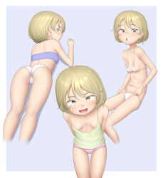 1girl absurdres bare_legs bare_shoulders bent_over bikini blonde_hair blue_bra bra breasts breasts_apart cowboy_shot fang feet_out_of_frame female_focus from_behind highres kneepits leaning_forward looking_at_viewer looking_back lying micro_bikini multiple_girls no_pants on_stomach open_mouth original paid_reward_available panties pink_panties sc_naru shirt short_hair sitting sleeveless sleeveless_shirt small_breasts smile strapless strapless_bra swimsuit tank_top thighs underwear white_bikini white_panties yellow_shirt