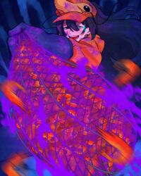 11230kingyo 1boy black_eyes black_hair blue_background blue_eyes blue_overalls e.g.o_(project_moon) fishing_net hat heterochromia high_ponytail highres holding_net hong_lu_(project_moon) hood hoodie limbus_company long_hair long_sleeves looking_at_viewer male_focus open_mouth orange_hat orange_hoodie overalls ponytail project_moon shrimp simple_background soda soda_(e.g.o) solo standing upper_body