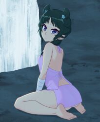 1girl babydoll bare_shoulders barefoot black_hair blue_eyes check_clothing closed_mouth clothing_request commentary english_commentary from_side full_body highres kusuriya_no_hitorigoto long_hair looking_at_viewer looking_to_the_side maomao_(kusuriya_no_hitorigoto) pink_babydoll soles solo toes xyronii