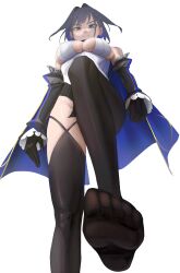 Rule 34 | 1girl, absurdres, black gloves, black hair, black sleeves, black thighhighs, blue cape, blue eyes, breasts, cape, feet, femdom, foot focus, foot up, from below, gloves, highres, hololive, hololive english, ouro kronii, ouro kronii (1st costume), shirt, simple background, soles, soles of feet in socks, solo, spicyyrum, stepped on, thighhighs, toes, toes visible through clothing, underboob, virtual youtuber, white background, white shirt