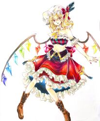 1girl alternate_costume back_bow blonde_hair blue_feathers boots bow brown_boots crop_top crystal crystal_wings detached_collar feathers flandre_scarlet frills ghmfly8_(mitou) hat hat_bow hat_feather highres layered_skirt looking_at_viewer midriff mob_cap multicolored_wings necktie open_mouth red_bow red_eyes red_nails red_skirt side_ponytail skirt solo striped_clothes touhou traditional_media white_hat wings yellow_necktie