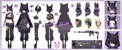 1girl absurdres animal_ear_fluff animal_ear_hood animal_ears arm_tattoo artist_request back_tattoo belt black_boots black_coat black_gloves black_hair black_nails black_pants black_tube_top boots breasts cleavage closed_mouth coat color_guide fake_animal_ears fingerless_gloves fox_ears fox_girl fox_mask glasses gloves gun highres hood hooded_coat incredibly_absurdres indie_virtual_youtuber leg_tattoo mask multicolored_hair multiple_views official_alternate_hairstyle open_fly pants platform_boots purple_belt purple_hair reference_sheet round_eyewear short_hair shoulder_tattoo stomach strapless streaked_hair tattoo tube_top virtual_youtuber weapon yamigashi_kana