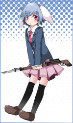 1girl animal_ears bayonet black_thighhighs blue_hair blush brown_shoes collared_shirt dress_shirt eyebrows female_focus floppy_ears formal_clothes full_body gun halftone halftone_background hammer_(sunset_beach) holding holding_gun holding_weapon loafers long_sleeves looking_at_viewer necktie pink_skirt pleated_skirt rabbit_ears red_eyes red_necktie reisen shirt shoes short_hair skirt solo suit tareme thighhighs touhou weapon white_shirt zettai_ryouiki