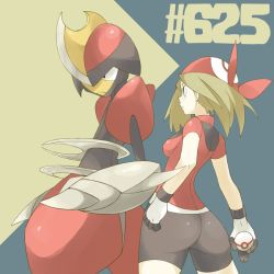 1girl ass bandana bike_shorts bisharp blue_eyes breasts brown_hair gen_5_pokemon gloves may_(pokemon) medium_breasts narrow_waist nintendo poke_ball poke_ball_(basic) pokemon pokemon_(creature) premier_ball shigino_sohuzi wide_hips