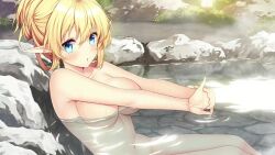 artwhirl_mahou_gakuen_no_otome-tachi blonde_hair border breasts covered_erect_nipples elf looking_at_viewer luna_(artwhirl) medium_breasts non-web_source ornate_border pointy_ears water