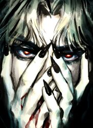 Rule 34 | 1boy, black nails, blonde hair, blood, blood on hands, covering face, dark, dio brando, fingernails, hands on own face, highres, jojo no kimyou na bouken, long fingernails, looking at viewer, male focus, nail polish, phantom blood, red eyes, santamanymany, sharp fingernails, solo