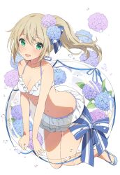 1girl :d bikini bikini_skirt blonde_hair blue_bow blue_flower blush bow breasts cleavage collarbone commentary_request double-parted_bangs flip-flops flower frilled_bikini frills full_body green_eyes hair_between_eyes hair_bow hair_flower hair_ornament halterneck highres hydrangea long_hair medium_breasts mochigome_(ununquadium) navel open_mouth original pink_flower sandals side_ponytail sidelocks simple_background smile solo stomach swim_ring swimsuit water_drop white_background white_bikini