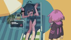 2girls ahoge alternate_costume anger_vein animal_hood arms_up barefoot beach_chair beach_umbrella black_hair black_hoodie chinese_commentary commentary detached_ahoge facing_away from_above frown game_boy handheld_game_console health_bar highleg highleg_one-piece_swimsuit highres hood hood_down hoodie jitome knee_up language_request litamisu looking_at_another multiple_girls no_headgear one-piece_swimsuit open_mouth purple_hair purple_hoodie rabbit_hood rabbit_pose reclining red_eyes school_swimsuit scrunchie shade short_hair short_hair_with_long_locks speech_bubble spoken_anger_vein standing swimsuit touhoku_kiritan twintails two-tone_hoodie umbrella v-shaped_eyebrows vocaloid voiceroid wrist_scrunchie yuzuki_yukari