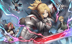 1boy 3girls airborne aqua_eyes armor bandages blonde_hair bolt_(hardware) boots braid city coat dagger dome dual_wielding elbow_gloves energy fate/apocrypha fate/grand_order fate_(series) frankenstein&#039;s_monster_(fate) full_armor gauntlets glasses gloves gorget green_eyes hair_over_eyes halterneck henry_jekyll_(fate) holding horns jack_the_ripper_(fate/apocrypha) jacket jacket_on_shoulders jekyll_and_hyde_(fate) kiyo_(chaoschyan) knife light_purple_hair long_hair midriff mordred_(fate) mordred_(fate/apocrypha) multiple_girls navel panties pauldrons ponytail red_hair scrunchie shoulder_armor staff sword thigh_boots thighhighs underwear veil weapon