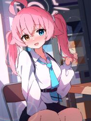 Rule 34 | 1girl, absurdres, ahoge, alternate hairstyle, black skirt, blue archive, blue eyes, blue necktie, blush, chair, collared shirt, commentary, cowboy shot, day, dutch angle, fang, hair between eyes, hand up, heterochromia, highres, hoshino (blue archive), indoors, lens flare, long hair, long sleeves, looking at viewer, miniskirt, moru (moru20000), necktie, nose blush, on chair, open mouth, pink hair, playing with own hair, pleated skirt, puffy long sleeves, puffy sleeves, school uniform, shirt, shy, sidelighting, sitting, skin fang, skirt, smile, solo, suspenders, twintails, white shirt, yellow eyes
