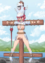 1girl absurdres angry bad_id bad_imgur_id ball_gag bdsm blue_dress blue_hat blue_sky blush bondage bound bound_ankles bound_arms bound_torso bound_wrists breasts clenched_hands clitoris cloud commentary commission conductor_baton cross crucifixion day drawfag dress drooling full_body gag gagged hair_up hat highres immobilization jakuzure_nonon jakuzure_nonon_(symphony_regalia) kill_la_kill lake looking_ahead mountainous_horizon navel necktie nipples no_bra no_panties nose_blush outdoors pigeon-toed pink_eyes pink_hair pussy pussy_juice restrained rock saliva second-party_source shako_cap shiny_skin sidelocks skull_ornament sky small_breasts solo spread_eagle_position spread_legs stationary_restraints stone_floor torn_clothes torn_dress torn_footwear uncensored v-shaped_eyebrows water white_necktie winged_hat wooden_horse