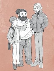 3boys ^_^ bag bags_under_eyes beard chilchuck_tims closed_eyes down_jacket dungeon_meshi dwarf elf facial_hair halfling jacket kabe_piko lazy_eye long_sleeves male_focus mithrun multiple_boys mustache notched_ear pants pointing pointy_ears ponytail senshi_(dungeon_meshi) short_hair sweater thick_mustache