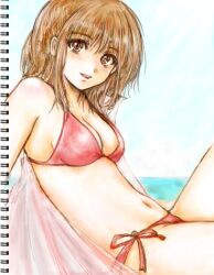 Rule 34 | 1girl, bikini, breasts, brown eyes, brown hair, cleavage, day, looking at viewer, navel, ocean, original, red bikini, side-tie bikini bottom, solo, swimsuit, taka civic, traditional media