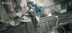 1girl bare_shoulders blue_hair chair copyright_name copyright_notice cowboy_shot dress dutch_angle green_eyes hand_up highres hissabeth indoors jacket logo long_hair monitor official_art official_wallpaper painting_(object) pencil_dress reverse:1999 short_dress silver_dress sleeves_past_wrists slit_pupils snake solo standing white_jacket