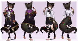 1boy absurdres animal_ears black_ribbon brown_hair reference_sheet coat commission cross-shaped_pupils ekrea_jan flower full_body grin highres holding holding_flower leg_wrap looking_at_viewer male_focus multiple_views neck_ribbon original purple_background purple_coat red_eyes red_flower red_rose ribbon rose shirt short_hair shorts skeb_commission smile standing symbol-shaped_pupils tail thorns walking white_shirt