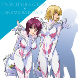 2girls absurdres ahoge blonde_hair blush bodysuit breasts cagalli_yula_athha gundam gundam_seed gundam_seed_freedom hair_between_eyes helmet highres himemura_saki holding holding_unworn_helmet looking_at_viewer lunamaria_hawke mecha_pilot_suit medium_breasts multiple_girls normal_suit_(gundam) pilot pilot_helmet pilot_suit purple_hair science_fiction short_hair smile unworn_helmet yellow_eyes