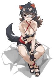 1girl armpit_crease australian_devil_(kemono_friends) bare_legs bare_shoulders black_hair black_sandals black_shoes black_tail breasts brown_eyes brown_hair cleavage closed_mouth collarbone commentary criss-cross_halter crossed_ankles dot_nose empty_eyes extra_ears eyepatch feet fingerless_gloves flipped_hair frills full_body gloves gradient_hair halterneck hand_wraps highres kemono_friends long_hair looking_at_viewer medical_eyepatch medium_breasts multicolored_hair navel on_rock one_eye_covered rock sandals shoes simple_background sitting solo sports_sandals tail tanabe_(fueisei) tasmanian_devil_ears tasmanian_devil_tail toes white_background wrist_wrap
