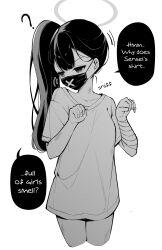 Rule 34 | 1girl, ?, absurdres, bandaged arm, bandages, blue archive, clover dot (clov erd), covered mouth, cropped legs, english text, greyscale, halo, hands up, highres, long hair, mask, monochrome, mouth mask, shirt, short sleeves, side ponytail, simple background, solo, speech bubble, sukeban (smg) (blue archive), surgical mask, t-shirt, white background
