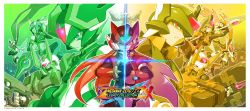 Rule 34 | 6+boys, aeolus (mega man), android, armor, atlas (mega man), blue eyes, commentary, copyright name, dual wielding, energy blade, energy sword, english commentary, fighting fefnir (mega man), green eyes, sage harpuia (mega man), helmet, highres, holding, holding weapon, fairy leviathan (mega man), logo, master albert (mega man), mega man (series), mega man zero (series), mega man zx, mega man zx advent, model zx (mega man), multiple boys, hidden phantom (mega man), polearm, power armor, red eyes, siarnaq (mega man), smile, spear, sword, thetis (mega man), tomycase, weapon, zero (mega man)