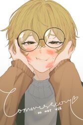 1boy 1girl after_kiss blonde_hair blush closed_mouth couple english_text face_hold glasses hetero highres limbus_company lipstick_mark official_alternate_costume pov project_moon short_hair simple_background sinclair_(project_moon) sweat sweater white_background yellow_eyes zygyzy_031