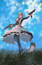 1boy apron black_cat black_dress black_pantyhose black_shoes blue_sky braid brown_hair cat cigarette cloud commentary_request crossdressing dress dual_wielding frilled_apron frills full_body grass green_eyes gun high_heels highres holding holding_gun holding_weapon kanae_(20th_costume)_(nijisanji) kanae_(nijisanji) kurotsuki_machi long_hair long_sleeves maid maid_headdress male_focus mole mole_under_eye nijisanji outdoors pantyhose roto_(kanae) shoes sky smoke smoking solo submachine_gun uzi virtual_youtuber weapon white_apron