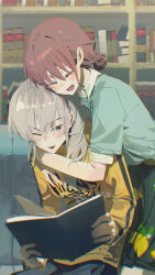 2girls absurdres black_skirt blue_shirt blush book bookshelf closed_eyes commentary earclip english_commentary food_print fruit_print girls_band_cry grey_eyes grey_hair highres holding holding_book hug hug_from_behind indoors iseri_nina kawaragi_momoka lemon_print multiple_girls one_eye_closed open_mouth print_skirt red_hair shirt short_sleeves skirt smile ydpfa yellow_shirt yuri