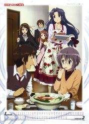 10s 2boys 4girls :o absurdres akitake_seiichi apron asahina_mikuru asakura_ryoko blazer blue_eyes blue_hair bowl brown_eyes brown_hair cake calendar chopsticks coat eating eyebrows floral_print flower food glass glasses hair_ribbon highres hotpot jacket jewelry koizumi_itsuki kouyouen_academy_school_uniform kyon long_hair mittens multiple_boys multiple_girls mushroom nagato_yuki necklace necktie official_alternate_hair_length official_alternate_hairstyle open_mouth ribbon rice rice_bowl scarf school_uniform shiitake short_hair sukiyaki suzumiya_haruhi suzumiya_haruhi_no_shoushitsu suzumiya_haruhi_no_yuuutsu sweat sweater_vest tray wavy_mouth