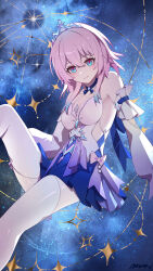1girl absurdres ai_dongdong bare_shoulders blue_hair breasts cleavage closed_mouth detached_sleeves dress hair_between_eyes highres honkai:_star_rail honkai_(series) long_sleeves looking_at_viewer march_7th_(honkai:_star_rail) march_7th_(nascent_spring)_(honkai:_star_rail) medium_hair multicolored_dress multicolored_eyes multicolored_hair official_alternate_costume pink_hair red_pupils smile solo thighhighs tiara two-tone_eyes white_thighhighs