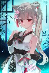 1girl absurdres animal_ear_fluff animal_ears artist_name bare_shoulders black_bow blunt_bangs bow breasts colored_inner_animal_ears detached_sleeves dress dress_bow earrings flower grey_bow grey_hair hair_flower hair_ornament hand_up highres inset_border jewelry korean_clothes light_blush light_particles long_hair looking_at_viewer moonlight multicolored_hair nail_polish neneko_mashiro pink_flower pink_nails ponytail print_dress red_eyes red_streaks round_window single_earring sleeveless sleeveless_dress small_breasts solo standing stellive streaked_hair tassel tassel_earrings tassel_hair_ornament very_long_hair virtual_youtuber white_dress window yuel_1011