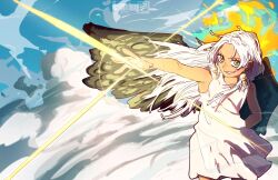 1girl arm_behind_back black_wings cloud commentary dress eyelashes fire floating_hair highres incoming_attack long_hair one_piece s-snake seraphim_(one_piece) sidelocks smile solo star-shaped_pupils star_(symbol) symbol-shaped_pupils taku_(aywakutakuay) white_dress white_hair wings